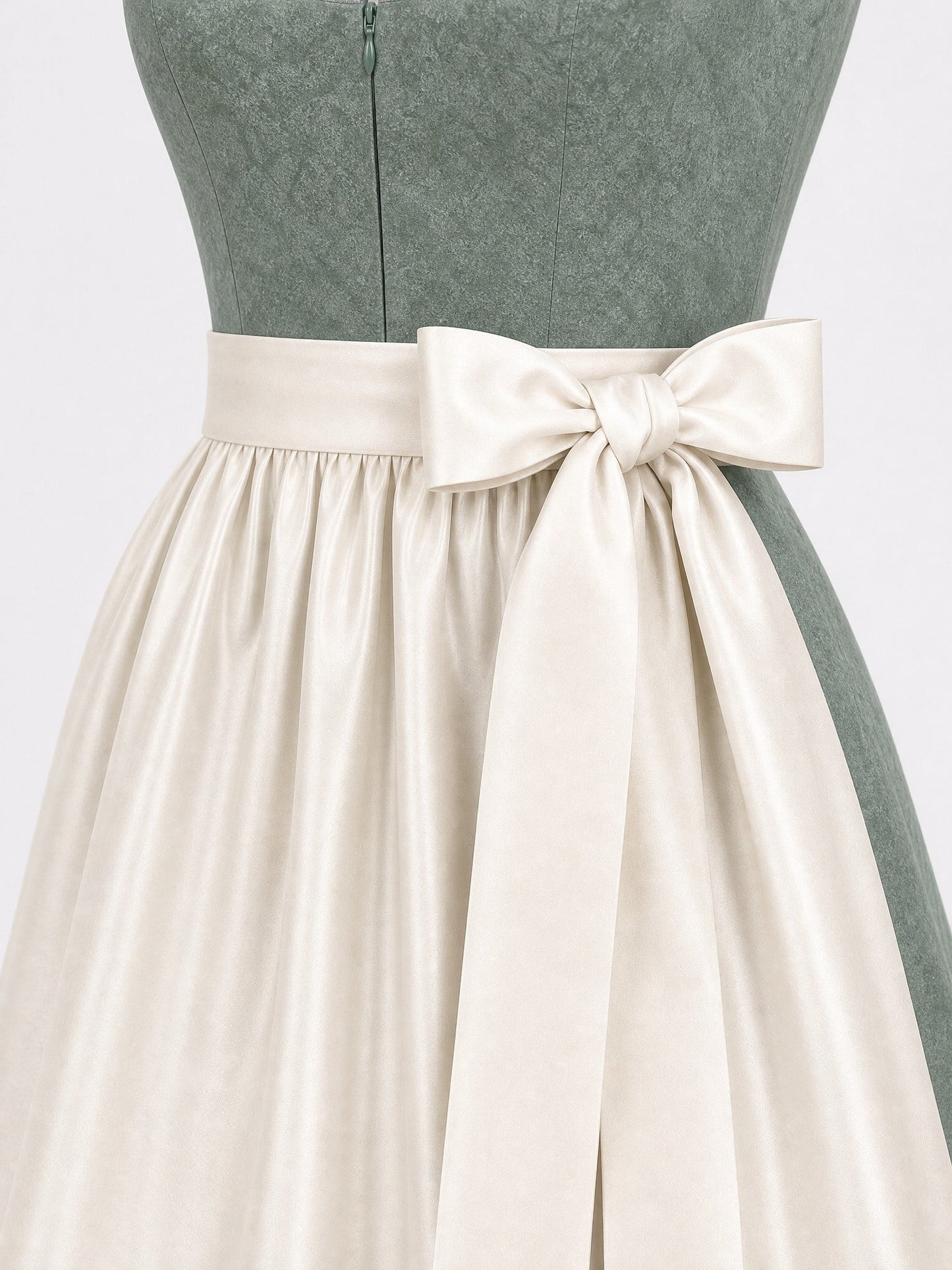 Dirndl Valerie in Mineralgrün mit Elfenbein Schürze - Detailansicht Taille und Schleife