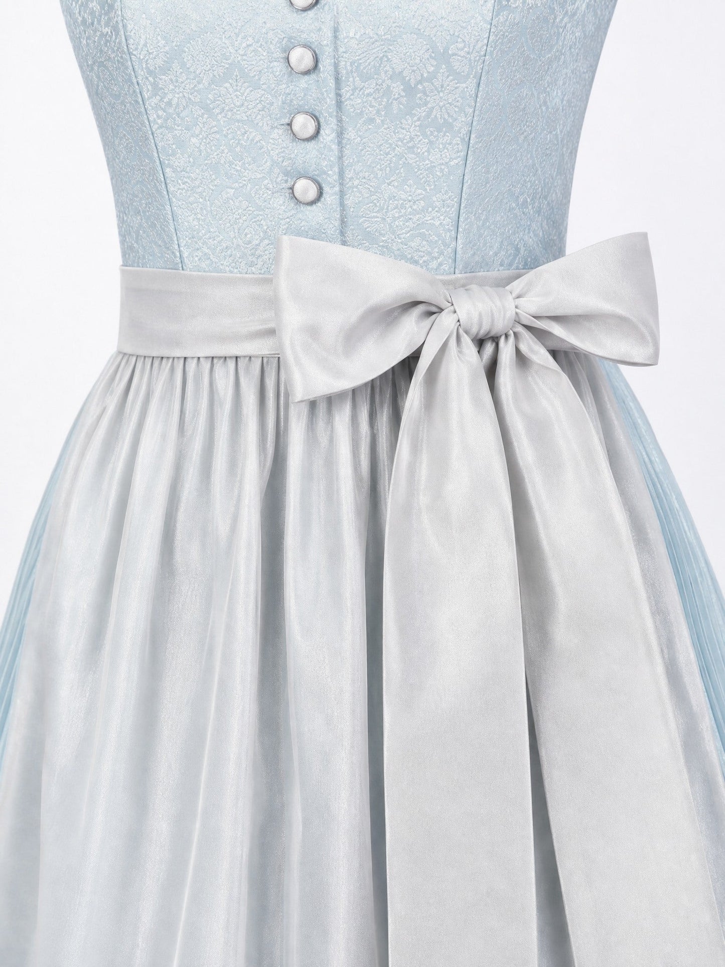 Dirndl Luise in Eisblau mit Perlgrau Schürze - Detailansicht Taille und Schleife