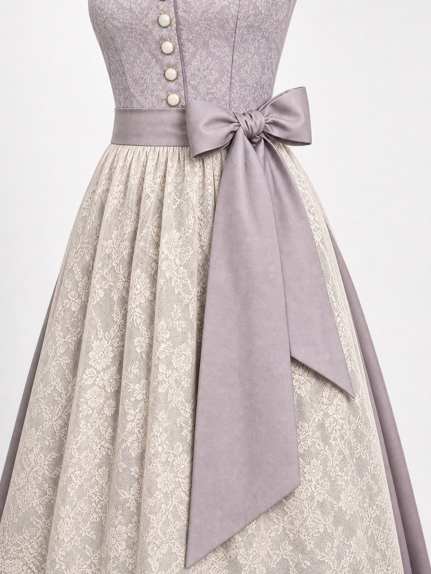 Dirndl Elisa in Alt-Lavendel mit Elfenbein Schürze - Detailansicht Taille und Schleife