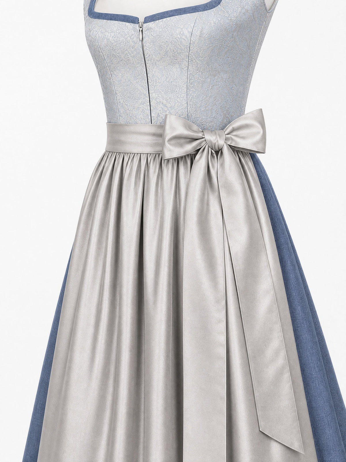 Dirndl Luise in Silberblau mit Perlgrau Schürze - Detailansicht Taille und Schleife