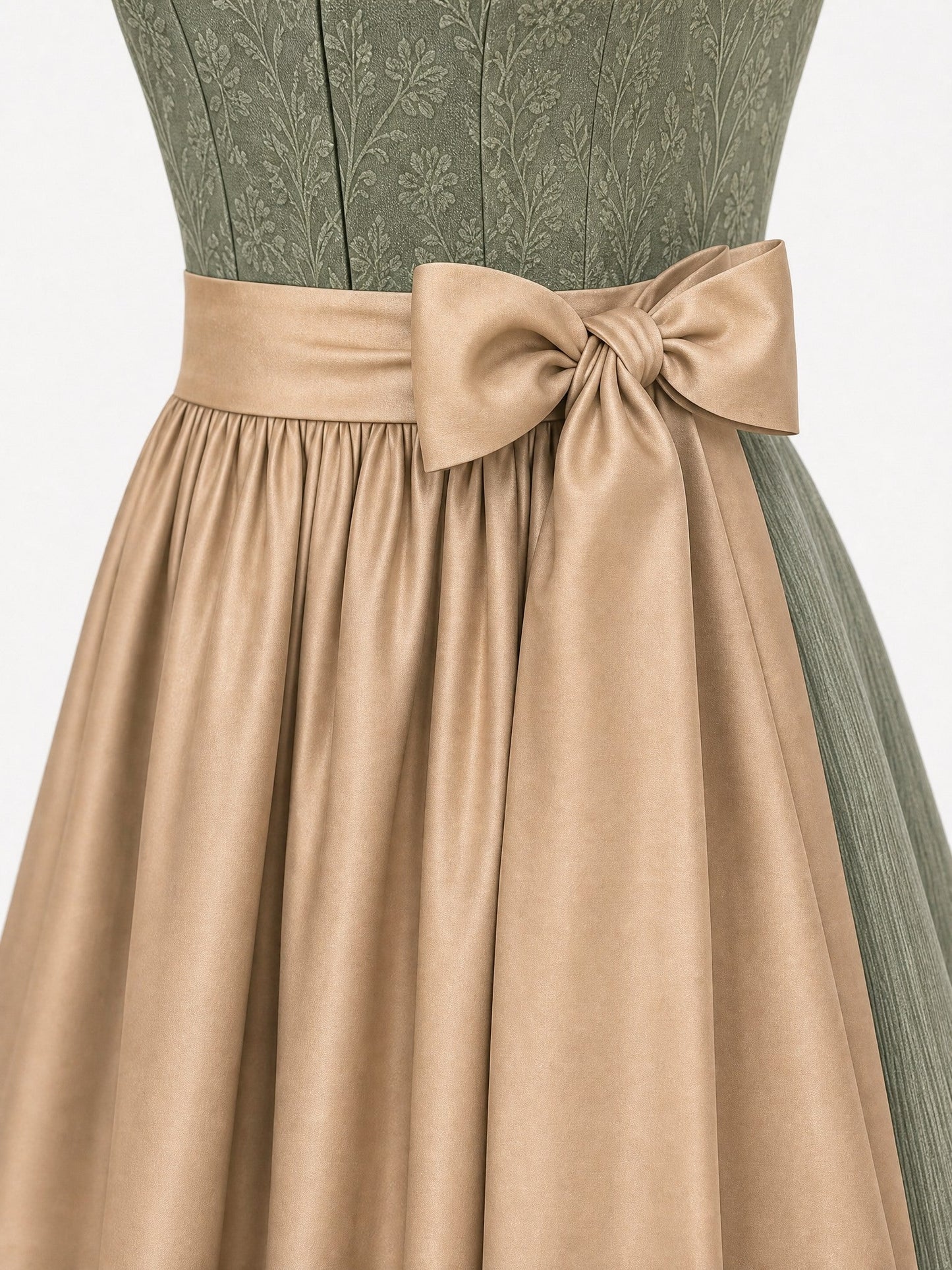 Dirndl Rica in Moosgrün mit Warmer Sand Schürze - Detailansicht Taille und Schleife