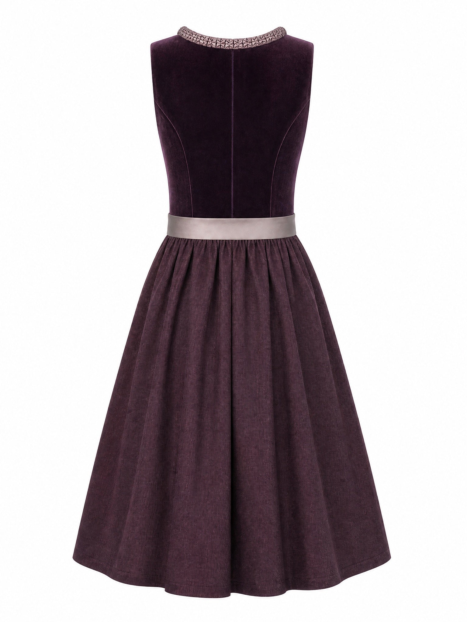 Dirndl Bea in Brombeere mit Taupe Schürze - Rückansicht