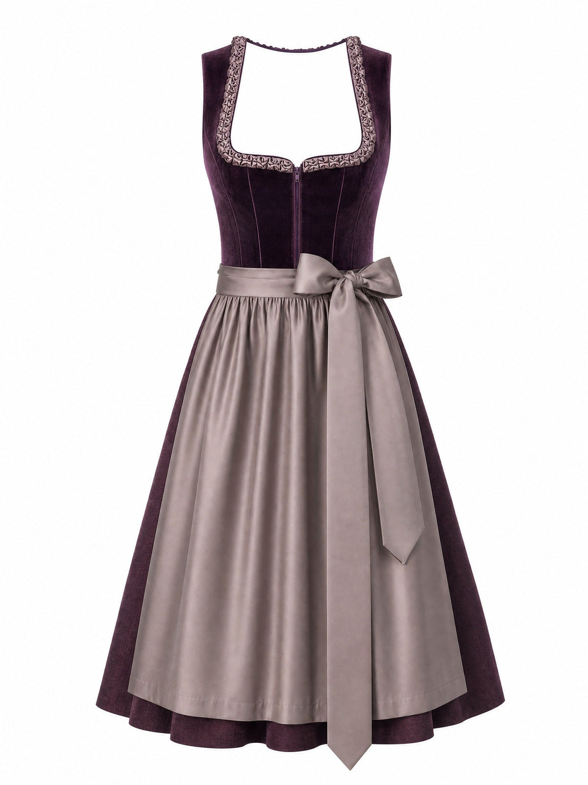 Dirndl Bea in Brombeere mit Taupe Schürze - Vorderansicht