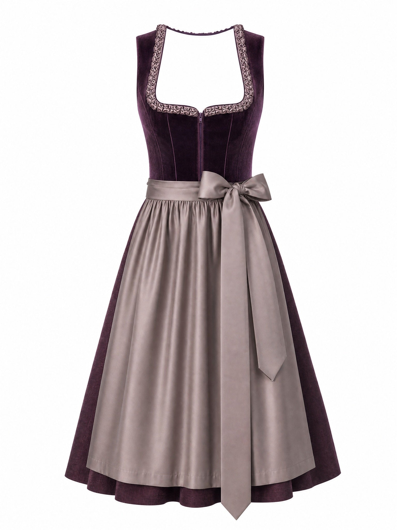 Dirndl Bea in Brombeere mit Taupe Schürze - Vorderansicht