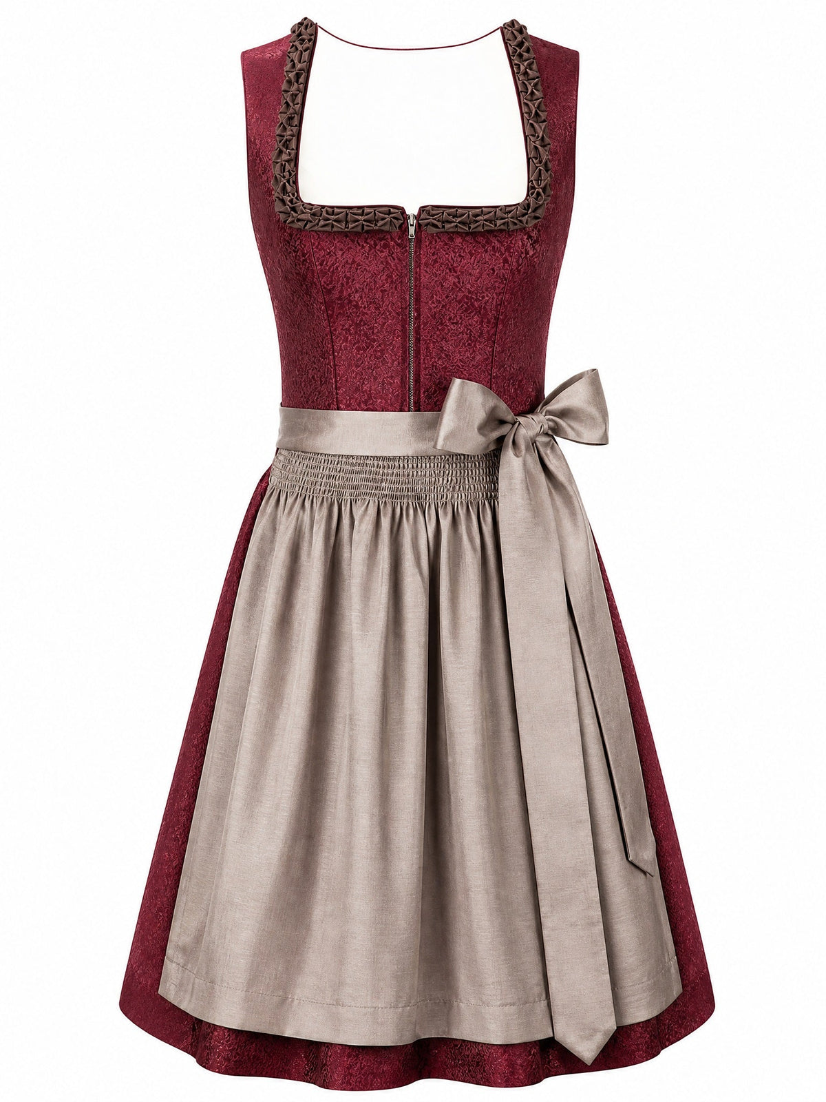 Dirndl Elisa in Weinrot mit Taupe Schürze - Vorderansicht