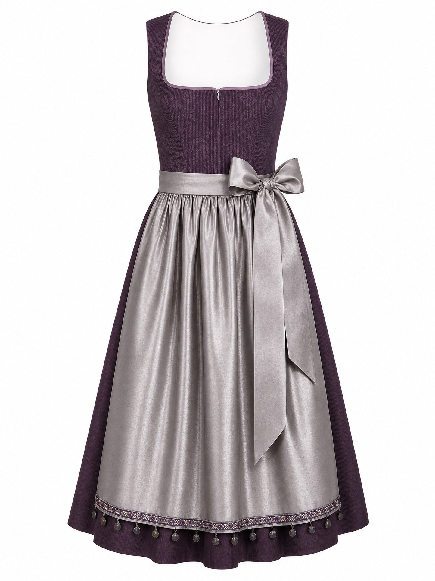 Dirndl Helena in Aubergine mit Perlgrau Schürze - Vorderansicht