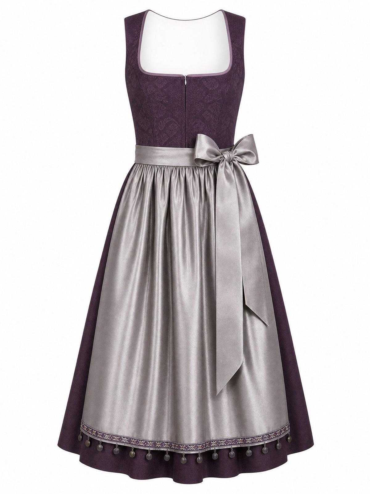 Dirndl Helena in Aubergine mit Perlgrau Schürze - Vorderansicht