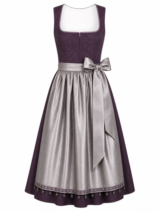 Dirndl Helena in Aubergine mit Perlgrau Schürze - Vorderansicht