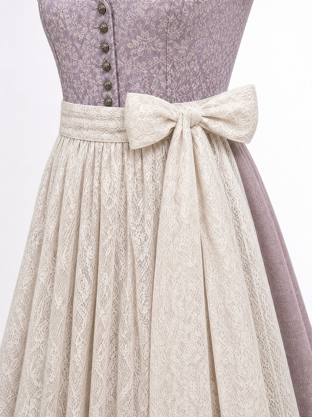 Dirndl Leni in Beigegrau mit Champagner Schürze - Detailansicht Taille und Schleife