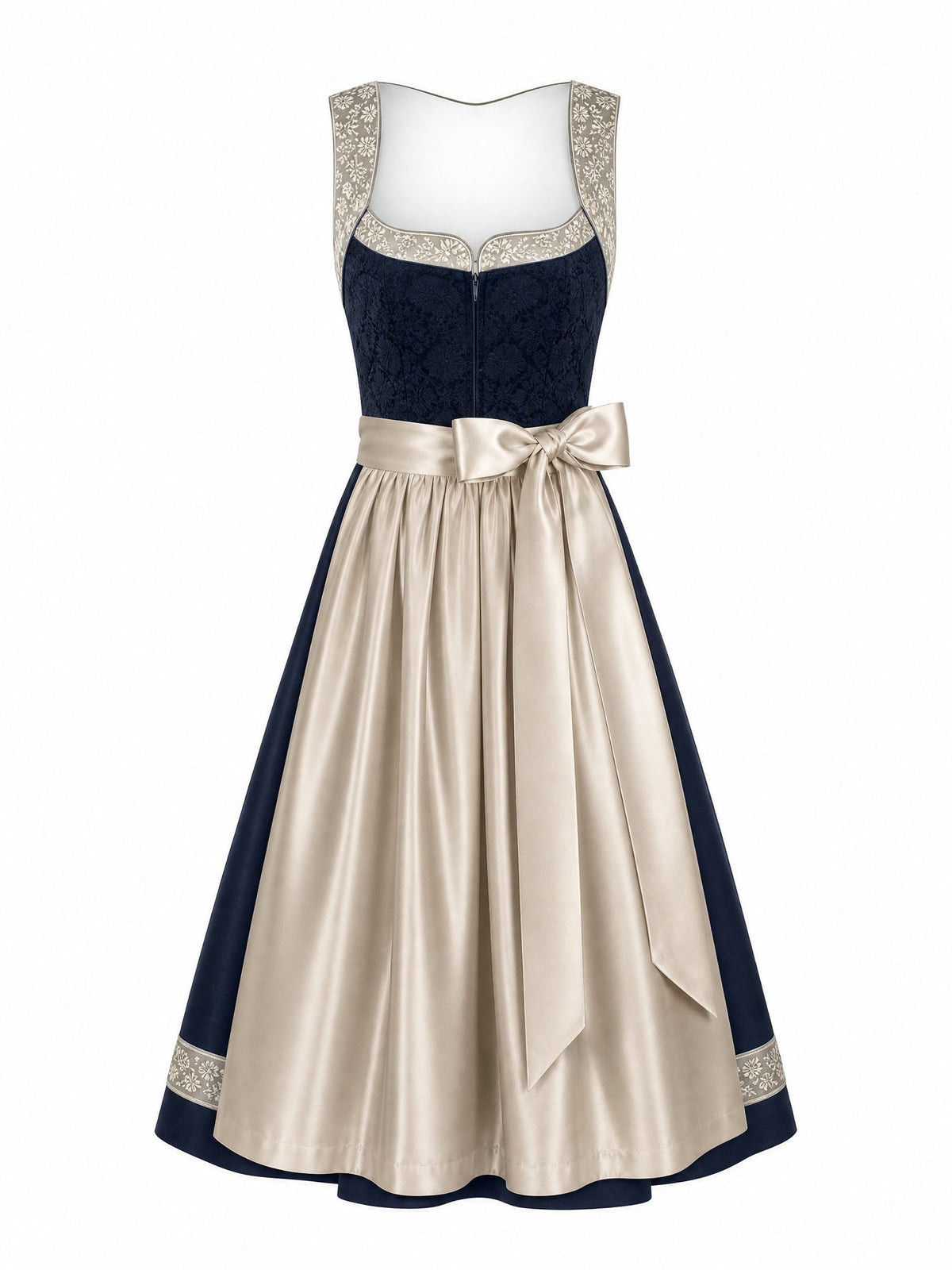 Dirndl Marie in Mitternachtsblau mit Champagner Schürze - Vorderansicht