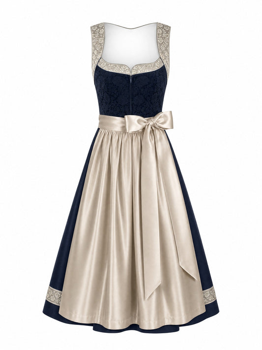 Dirndl Marie in Mitternachtsblau mit Champagner Schürze - Vorderansicht