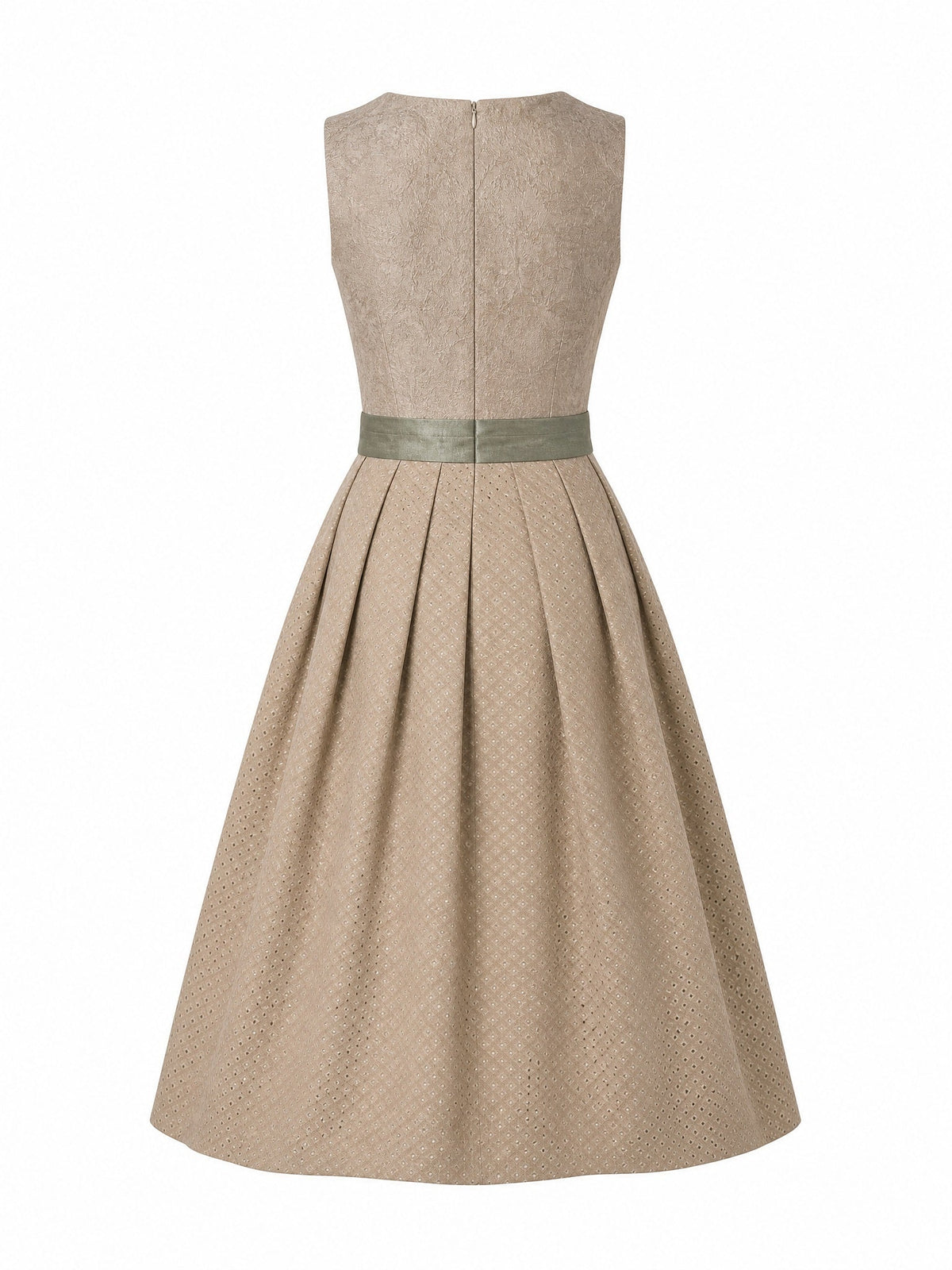Dirndl Ella in Tonbeige mit Eukalyptusgrün Schürze - Rückansicht