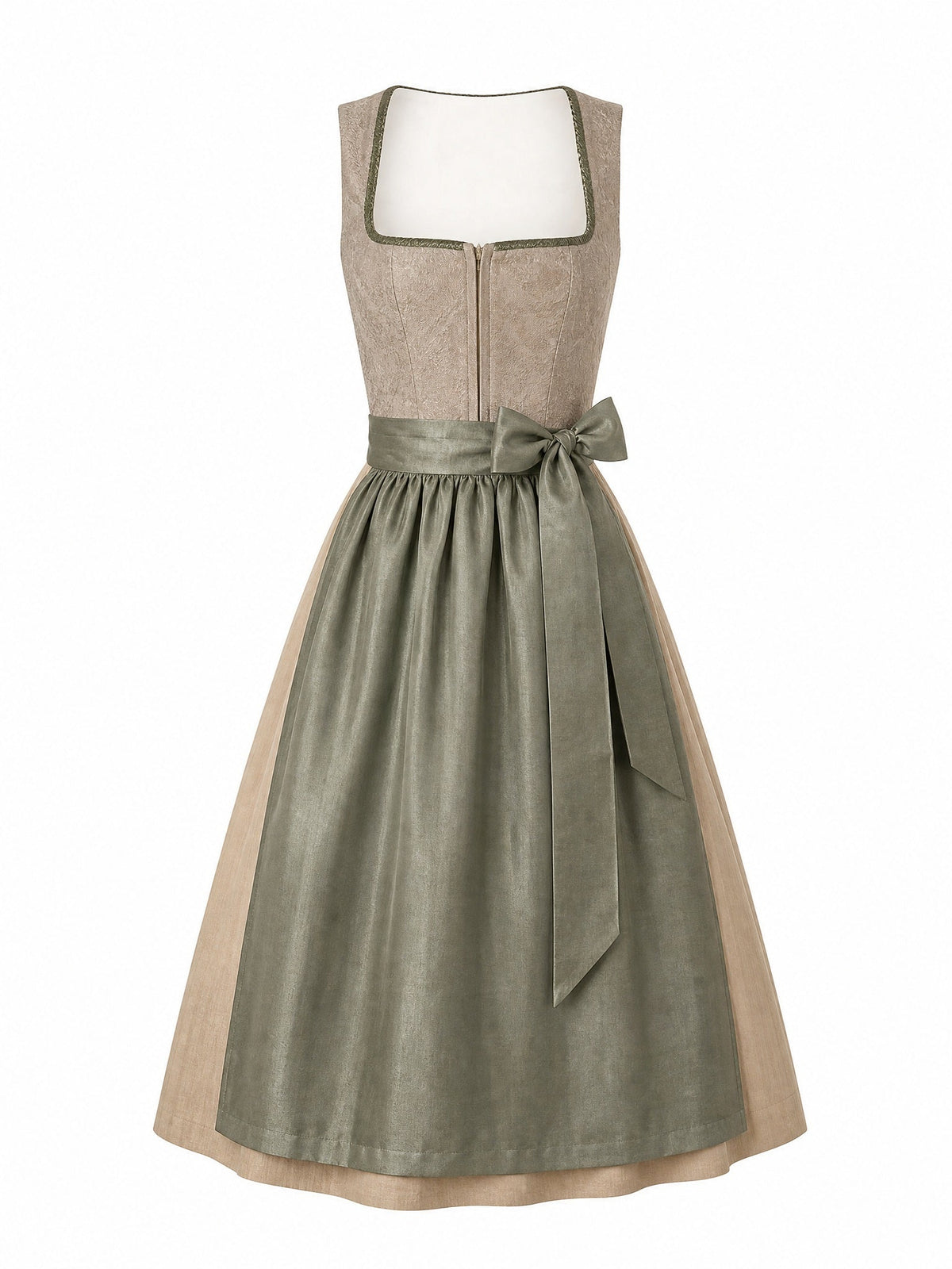 Dirndl Ella in Tonbeige mit Eukalyptusgrün Schürze - Vorderansicht