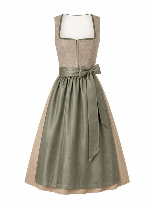 Dirndl Ella in Tonbeige mit Eukalyptusgrün Schürze - Vorderansicht