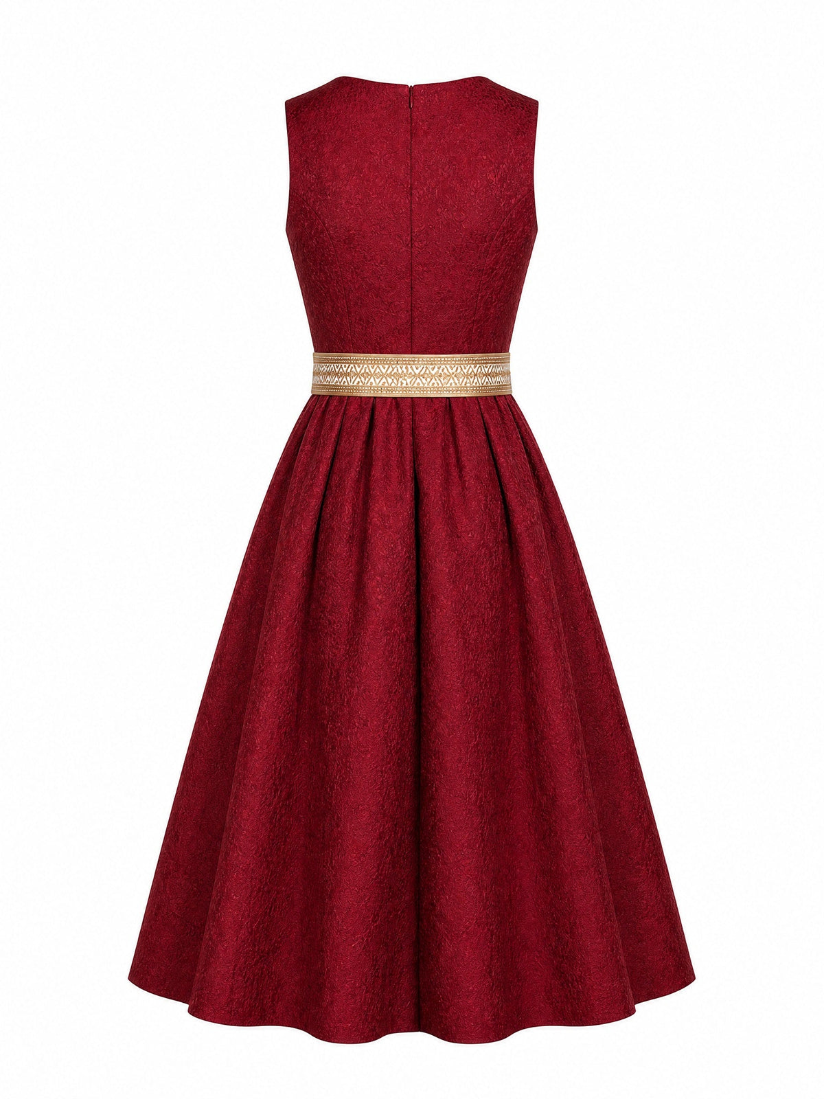 Dirndl Lia in Cranberryrot mit Antikgold Schürze - Rückansicht