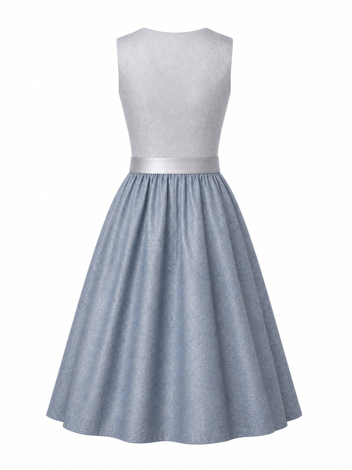 Dirndl Marie in Silberblau mit Perlgrau Schürze - Rückansicht