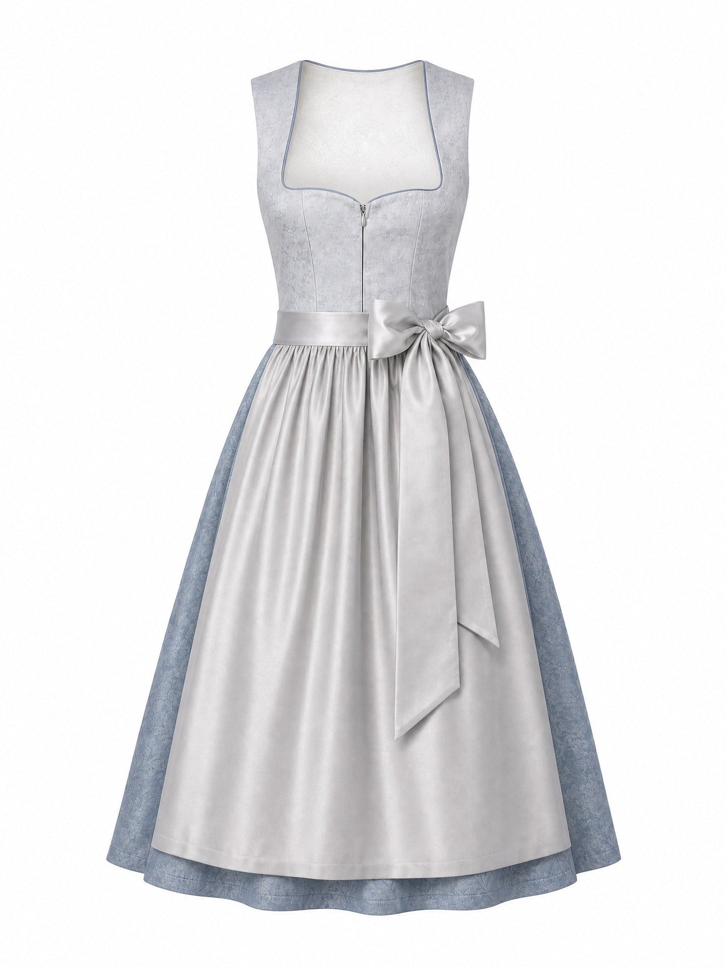 Dirndl Marie in Silberblau mit Perlgrau Schürze - Vorderansicht