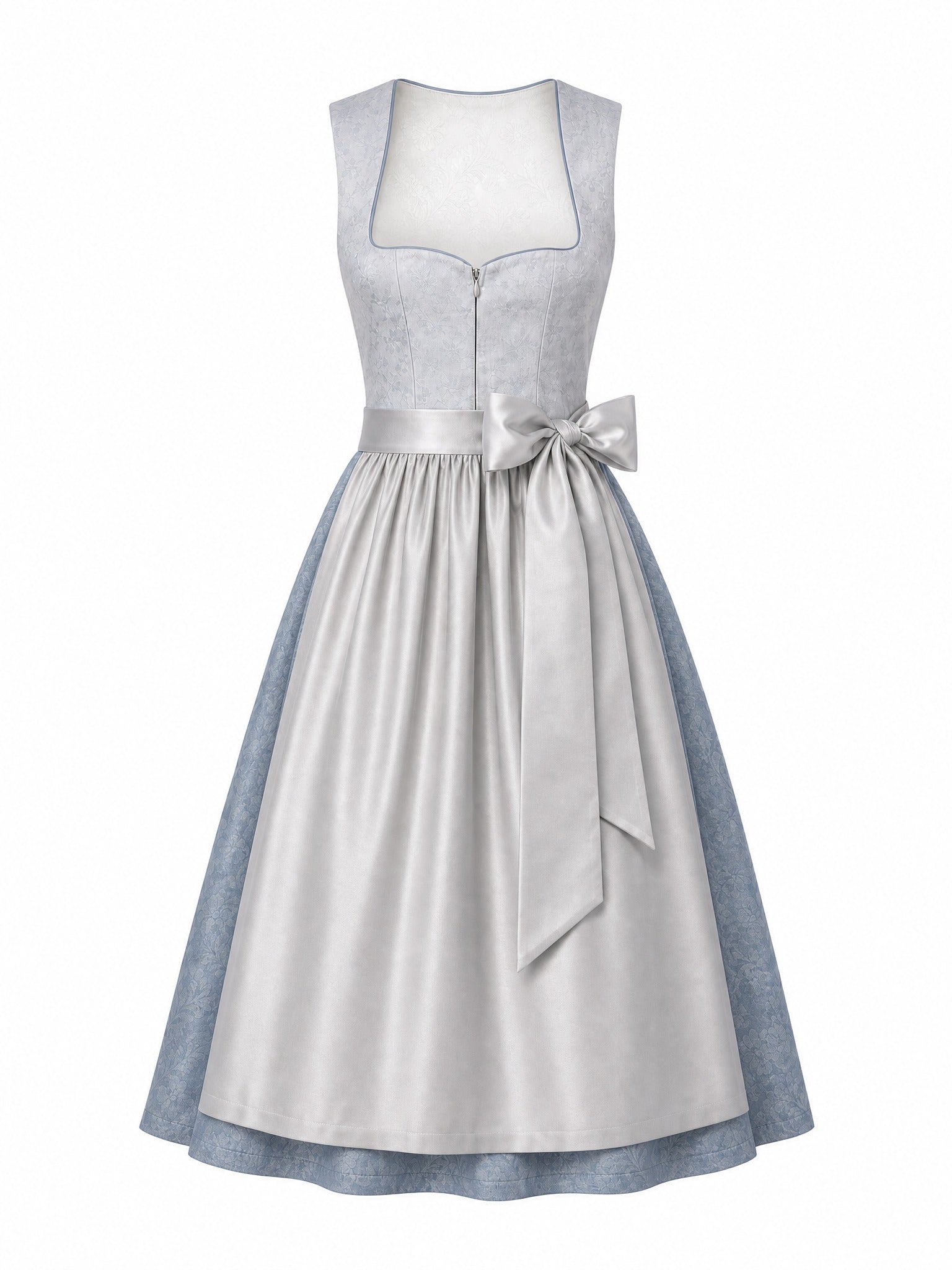 Dirndl Marie in Silberblau mit Perlgrau Schürze - Vorderansicht