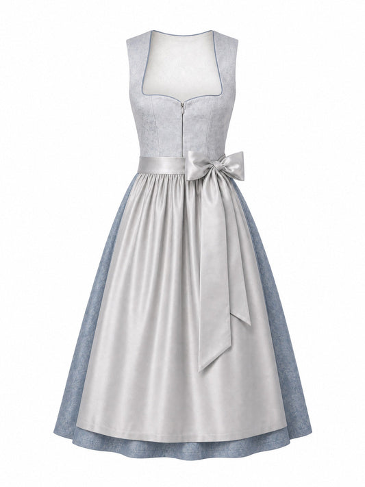 Dirndl Marie in Silberblau mit Perlgrau Schürze - Vorderansicht
