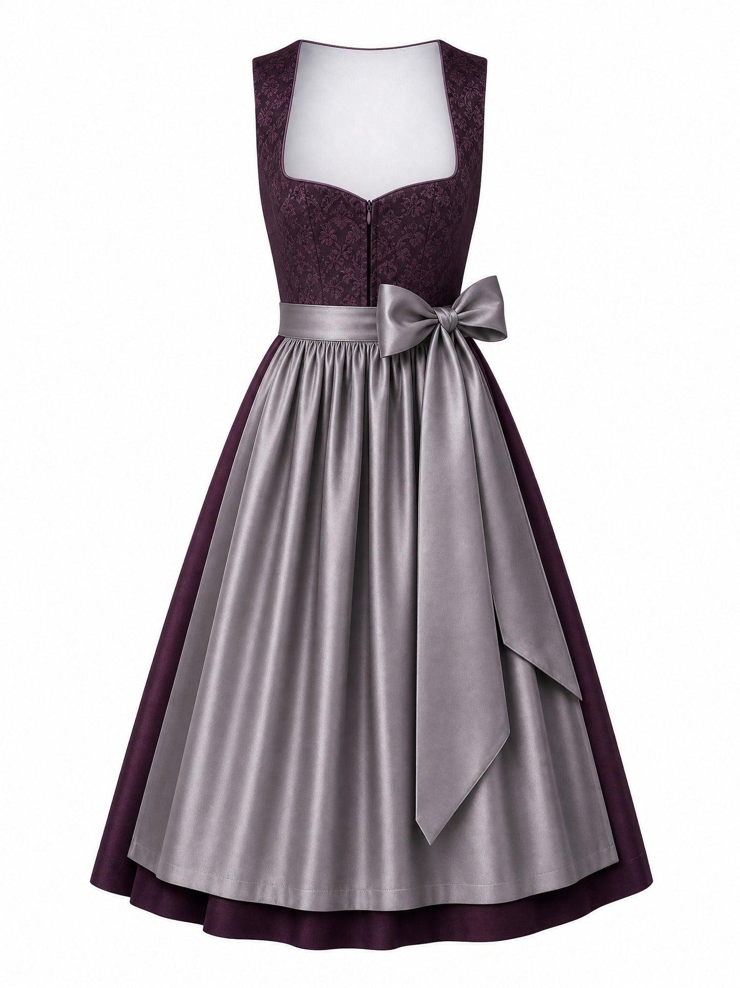 Dirndl Rica in Aubergine mit Perlgrau Schürze - Vorderansicht