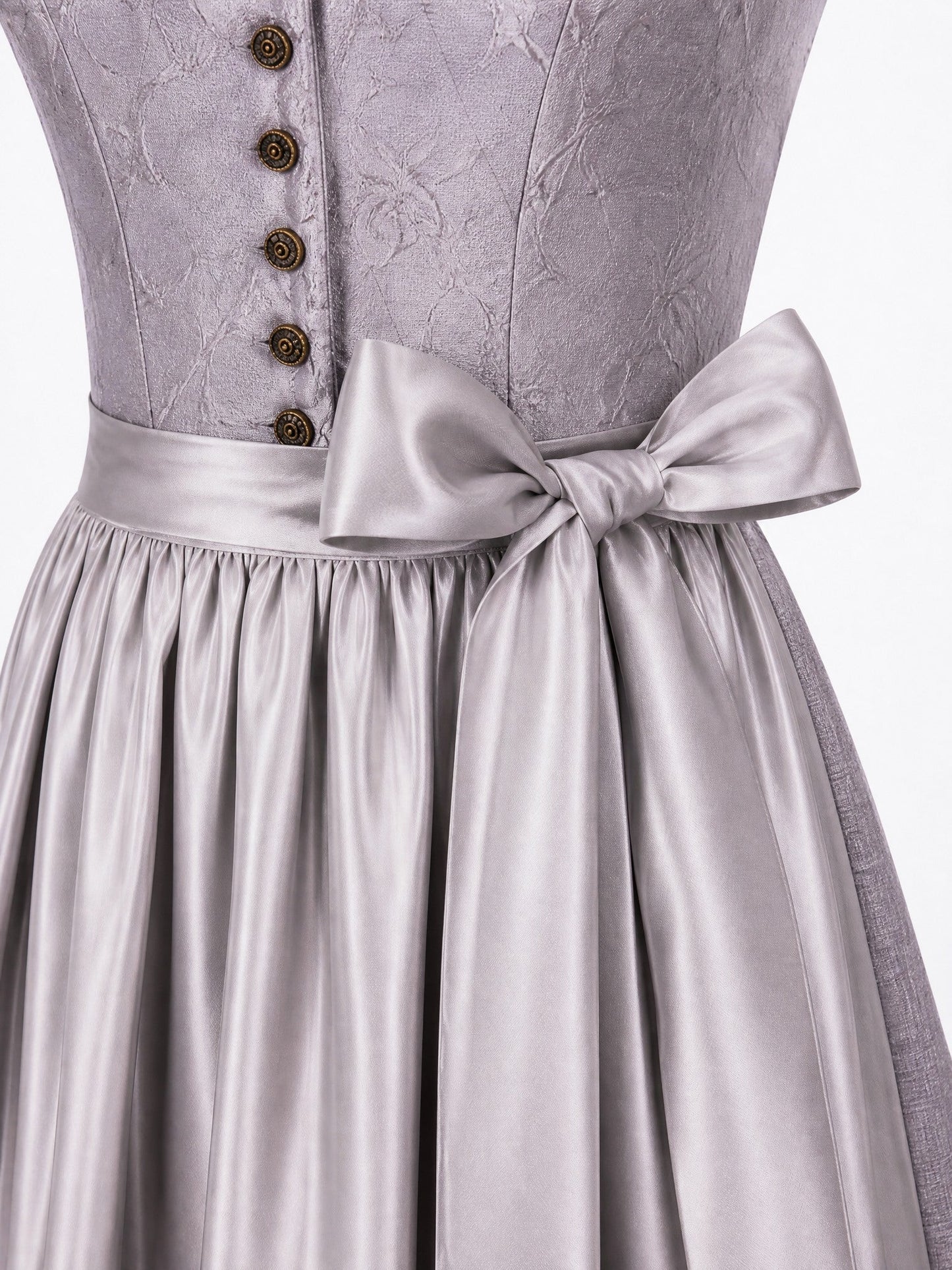 Dirndl Bella in Rauchflieder mit Perlgrau Schürze - Detailansicht Taille und Schleife