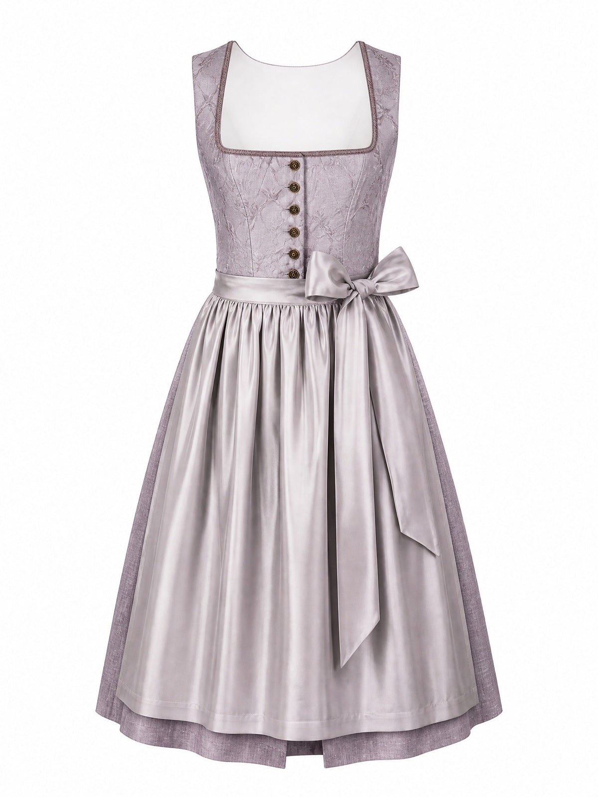 Dirndl Bella in Rauchflieder mit Perlgrau Schürze - Vorderansicht
