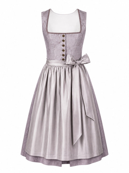 Dirndl Bella in Rauchflieder mit Perlgrau Schürze - Vorderansicht