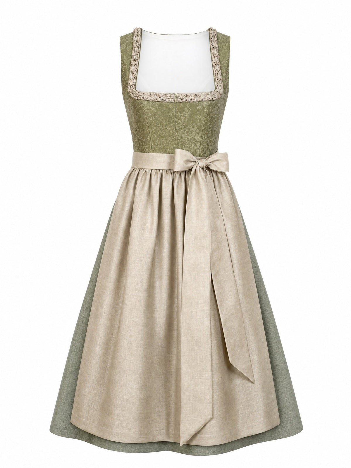 Dirndl Elena in Moosgrün mit Warmer Sand Schürze - Vorderansicht