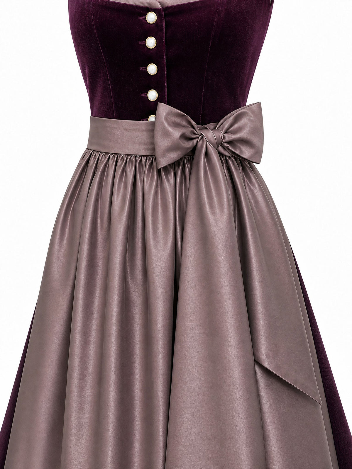 Dirndl Lena in Brombeere mit Taupe Schürze - Detailansicht Taille und Schleife