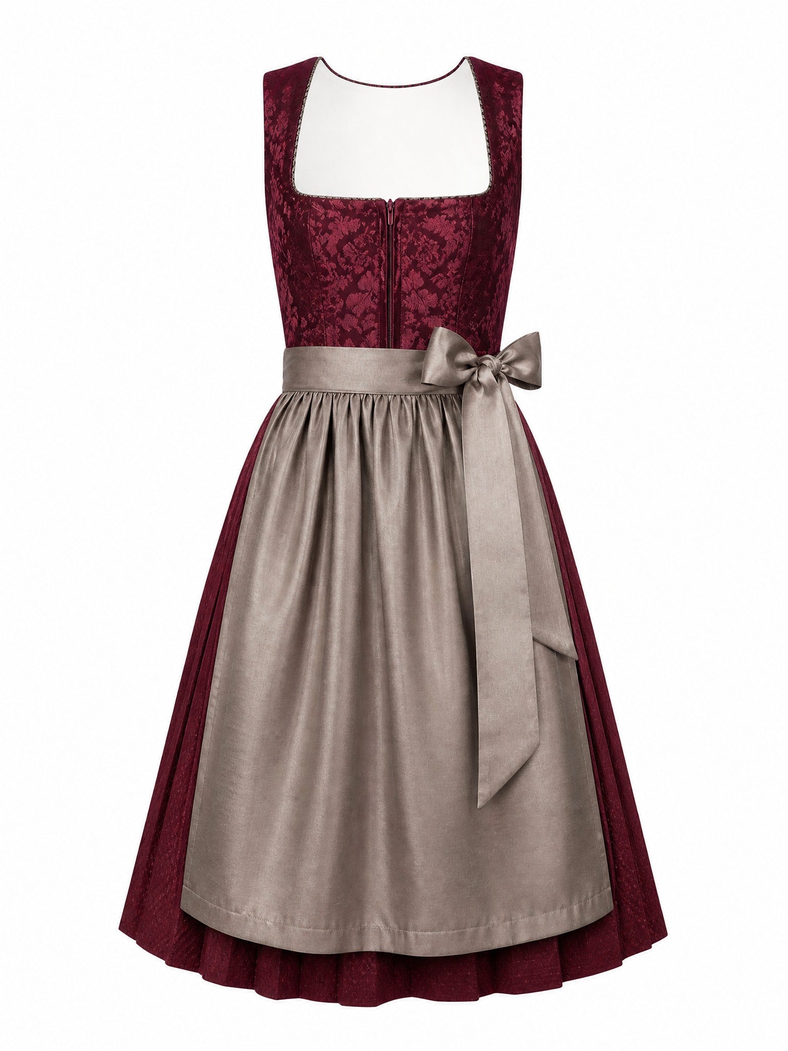 Dirndl Mathilda in Weinrot mit Taupe Schürze - Vorderansicht