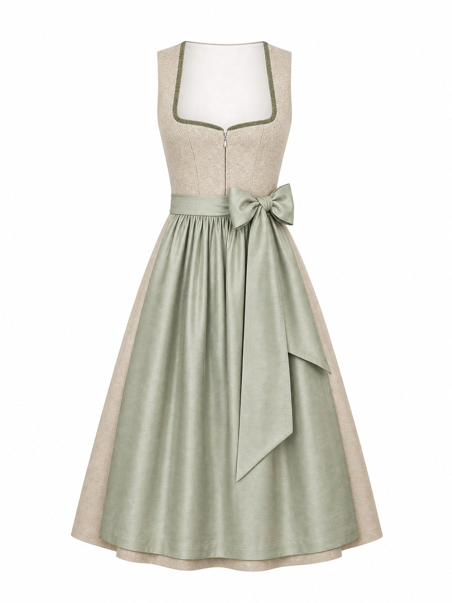 Dirndl Nora in Tonbeige mit Eukalyptusgrün Schürze - Vorderansicht