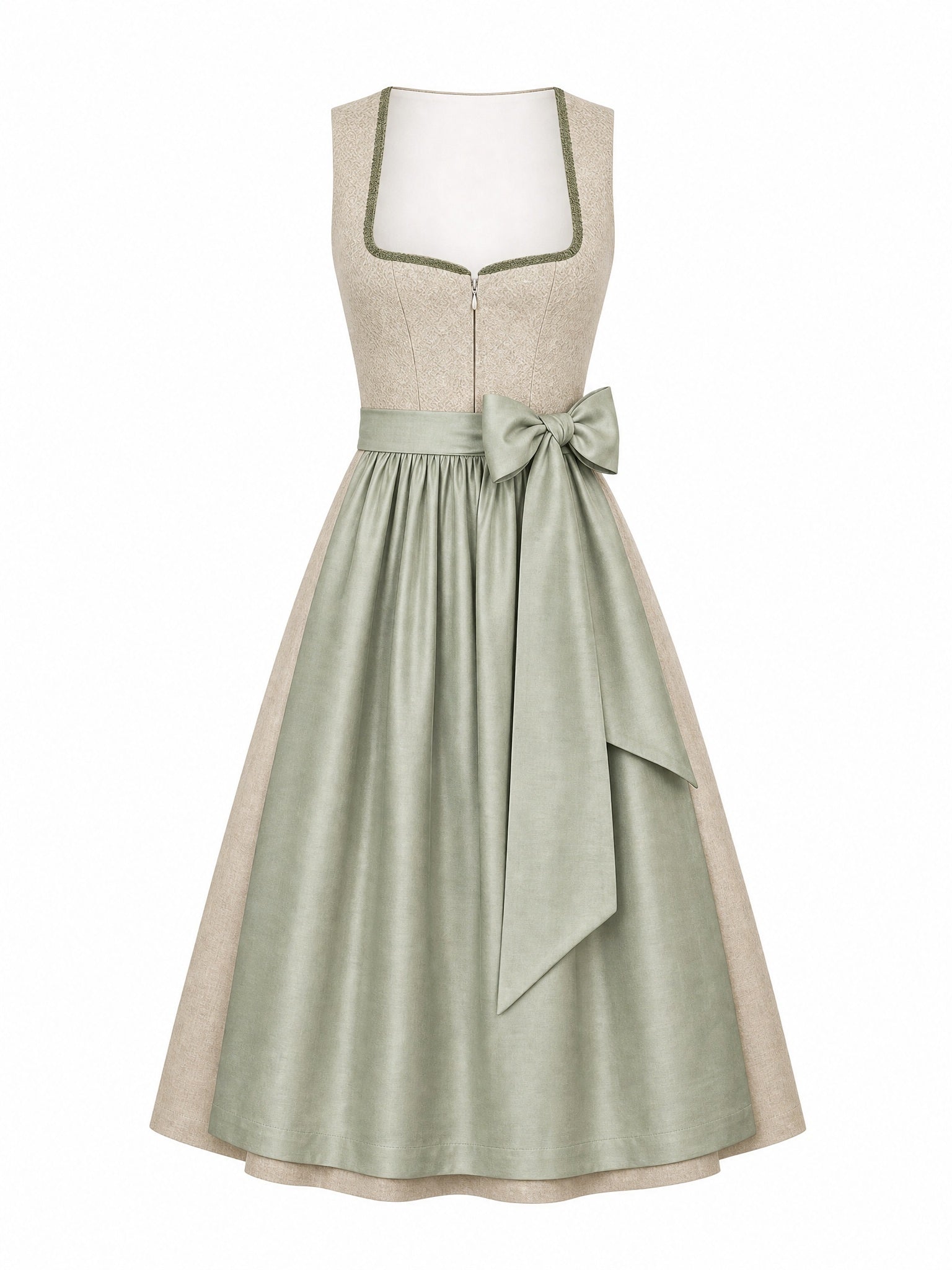 Dirndl Nora in Tonbeige mit Eukalyptusgrün Schürze - Vorderansicht