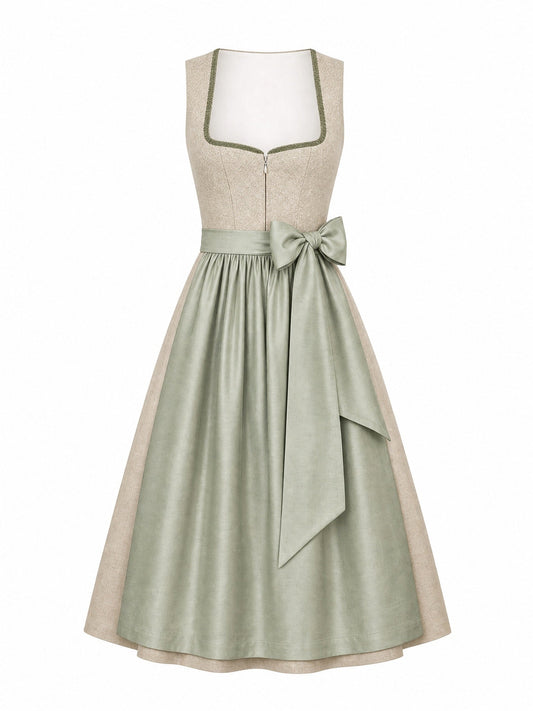 Dirndl Nora in Tonbeige mit Eukalyptusgrün Schürze - Vorderansicht