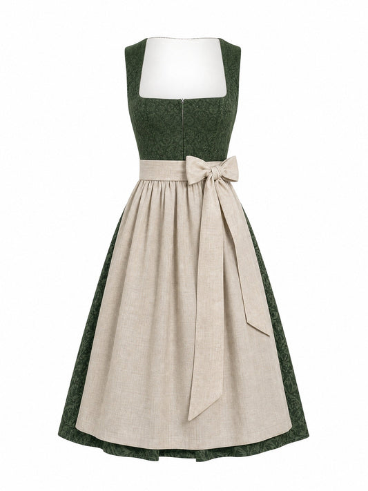 Dirndl Vera in Waldgrün mit Haferbeige Schürze - Vorderansicht