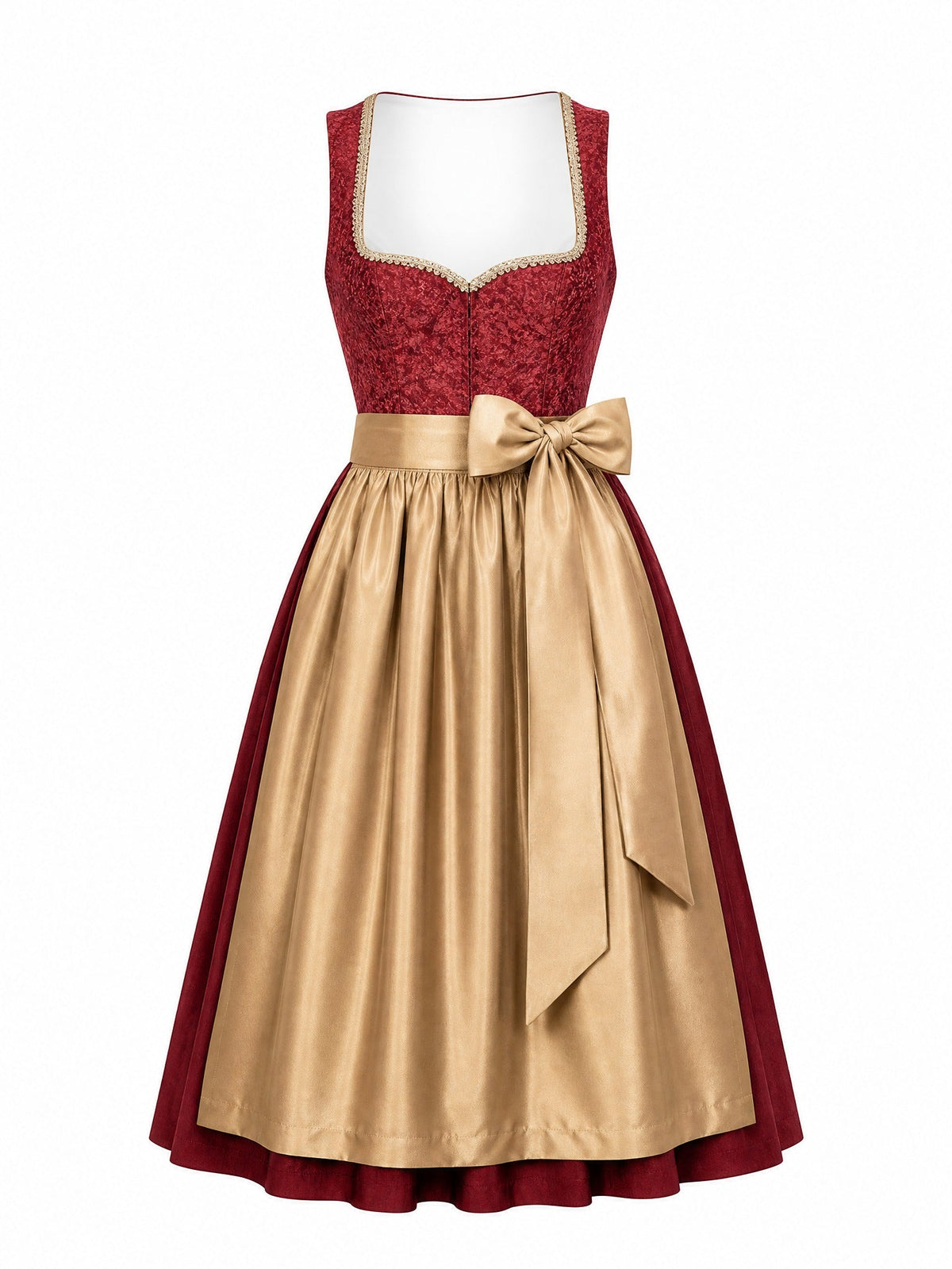 Dirndl Antonia in Cranberryrot mit Antikgold Schürze - Vorderansicht