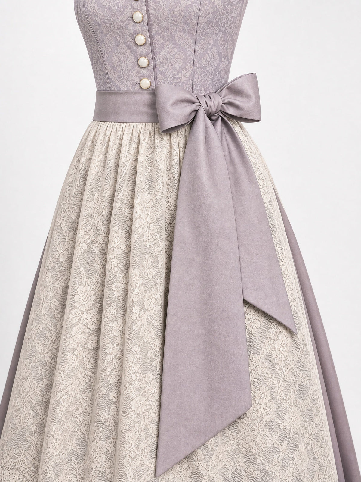 Dirndl Elisa in Alt-Lavendel mit Elfenbein Schürze - Detailansicht Taille und Schleife