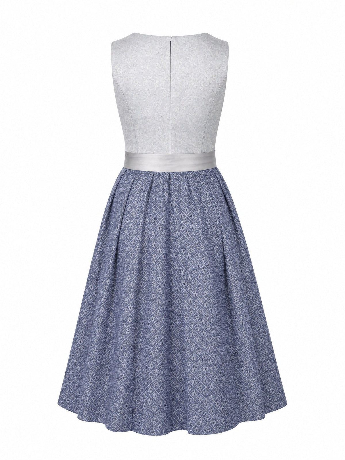 Dirndl Klara in Silberblau mit Perlgrau Schürze - Rückansicht