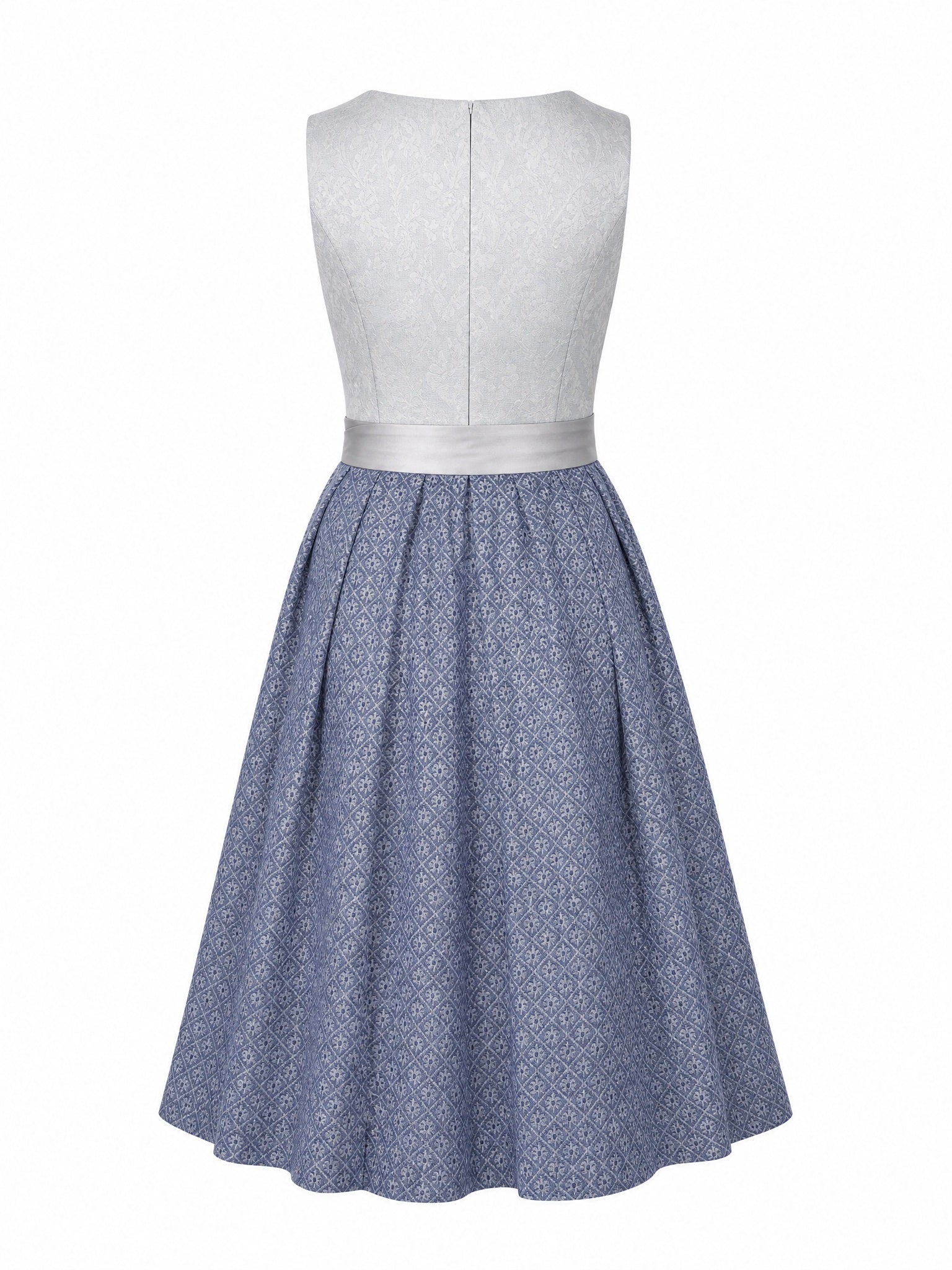 Dirndl Klara in Silberblau mit Perlgrau Schürze - Rückansicht