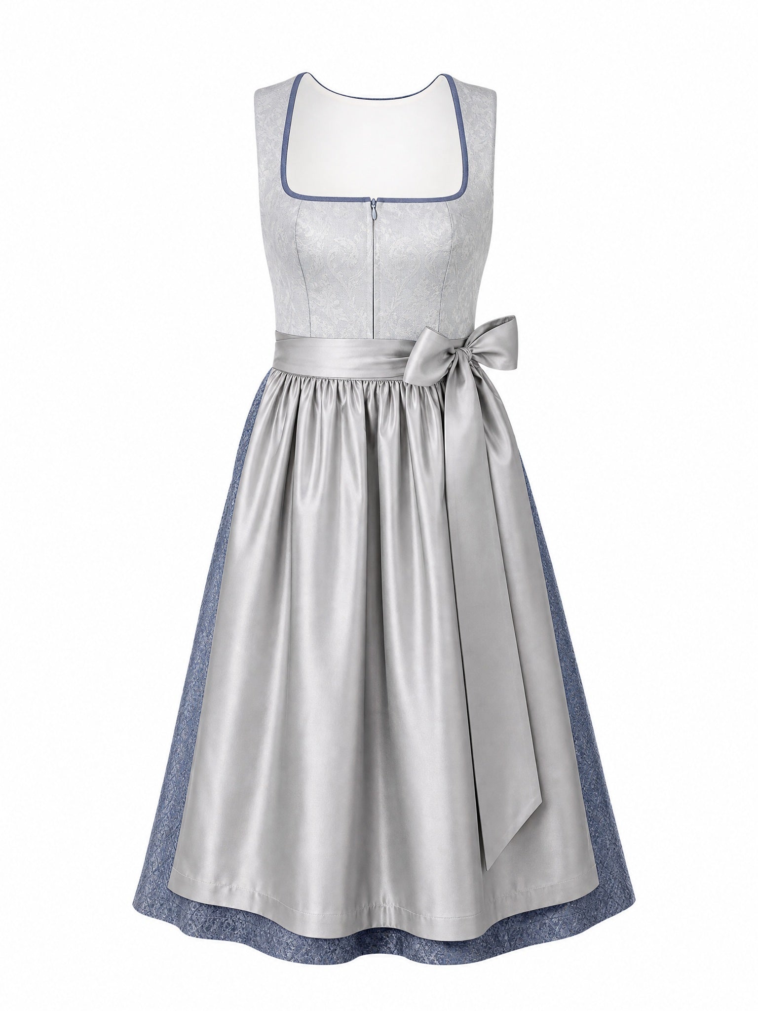 Dirndl Klara in Silberblau mit Perlgrau Schürze - Vorderansicht