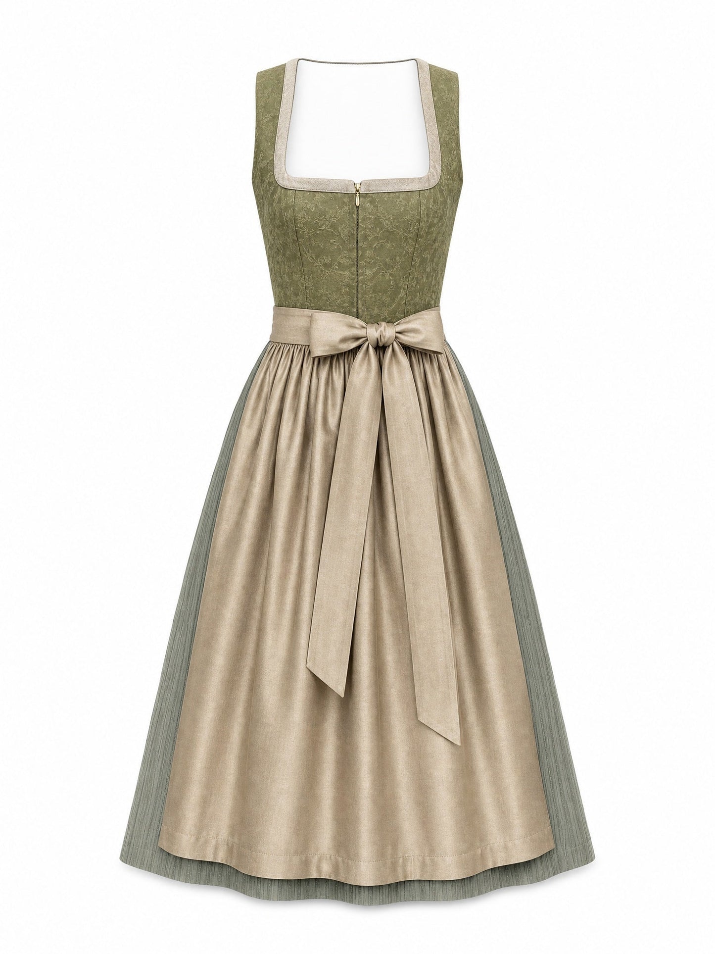 Dirndl Mathilda in Moosgrün mit Warmer Sand Schürze - Vorderansicht