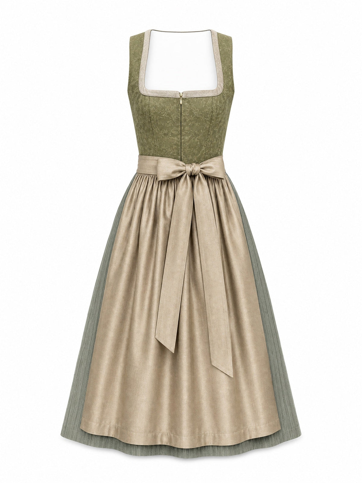 Dirndl Mathilda in Moosgrün mit Warmer Sand Schürze - Vorderansicht