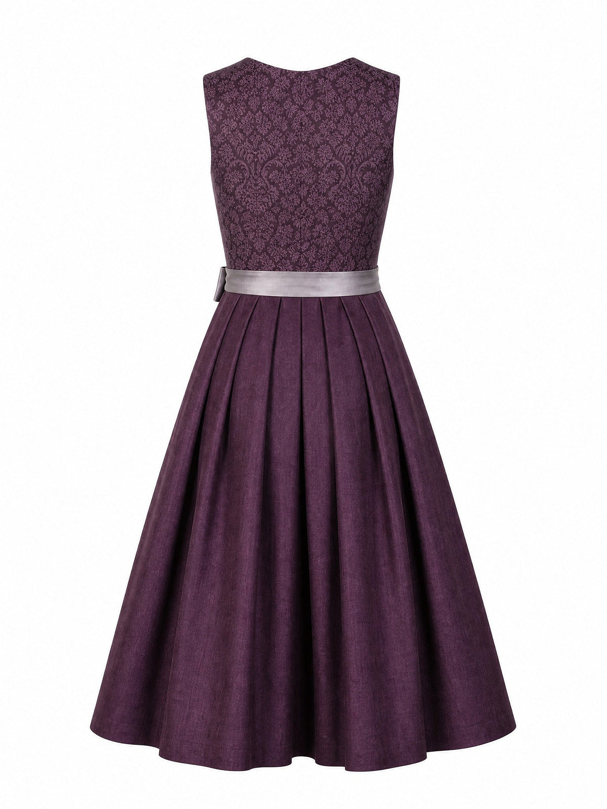 Dirndl Amelia in Aubergine mit Perlgrau Schürze - Rückansicht