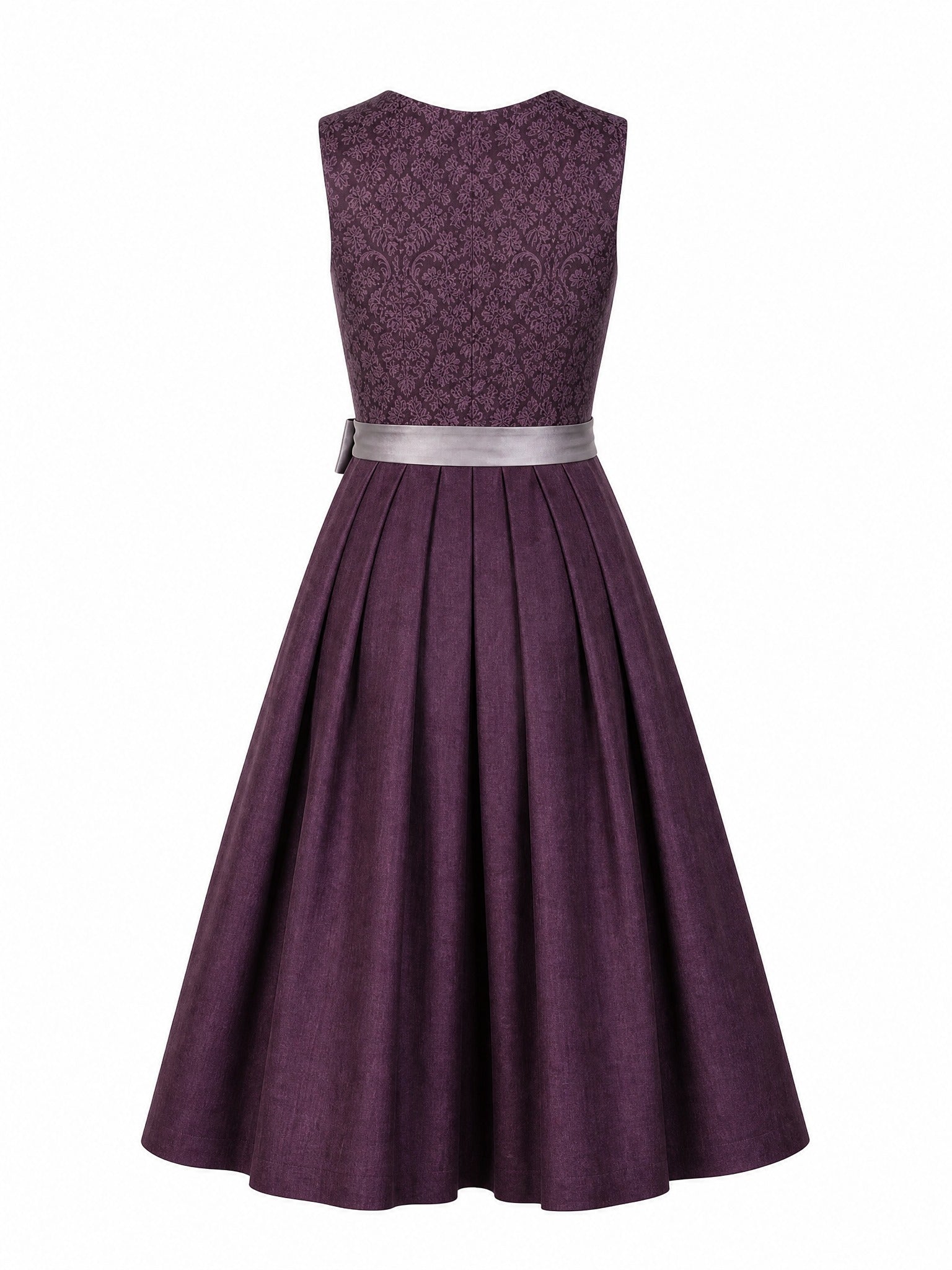 Dirndl Amelia in Aubergine mit Perlgrau Schürze - Rückansicht