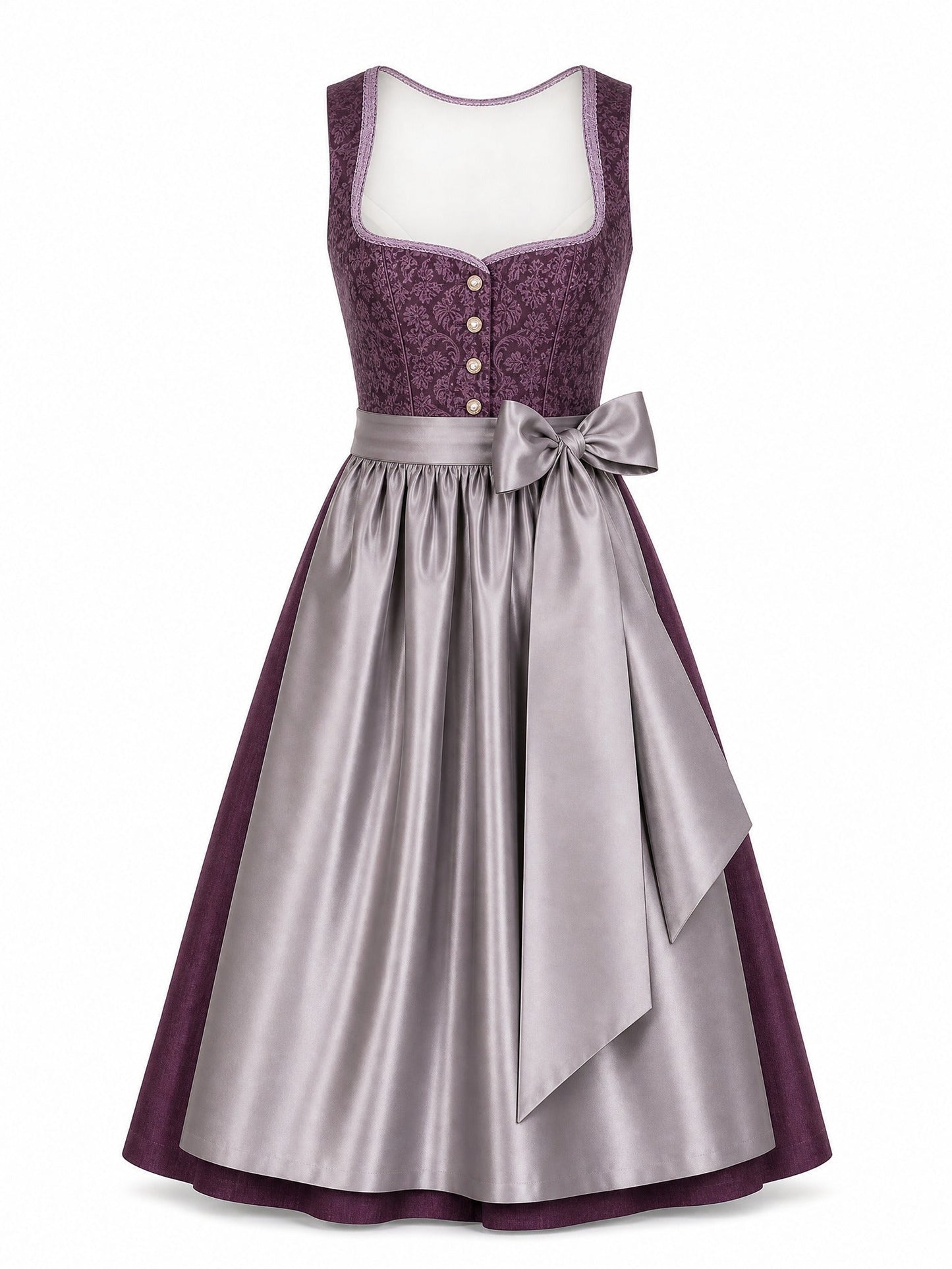 Dirndl Amelia in Aubergine mit Perlgrau Schürze - Vorderansicht