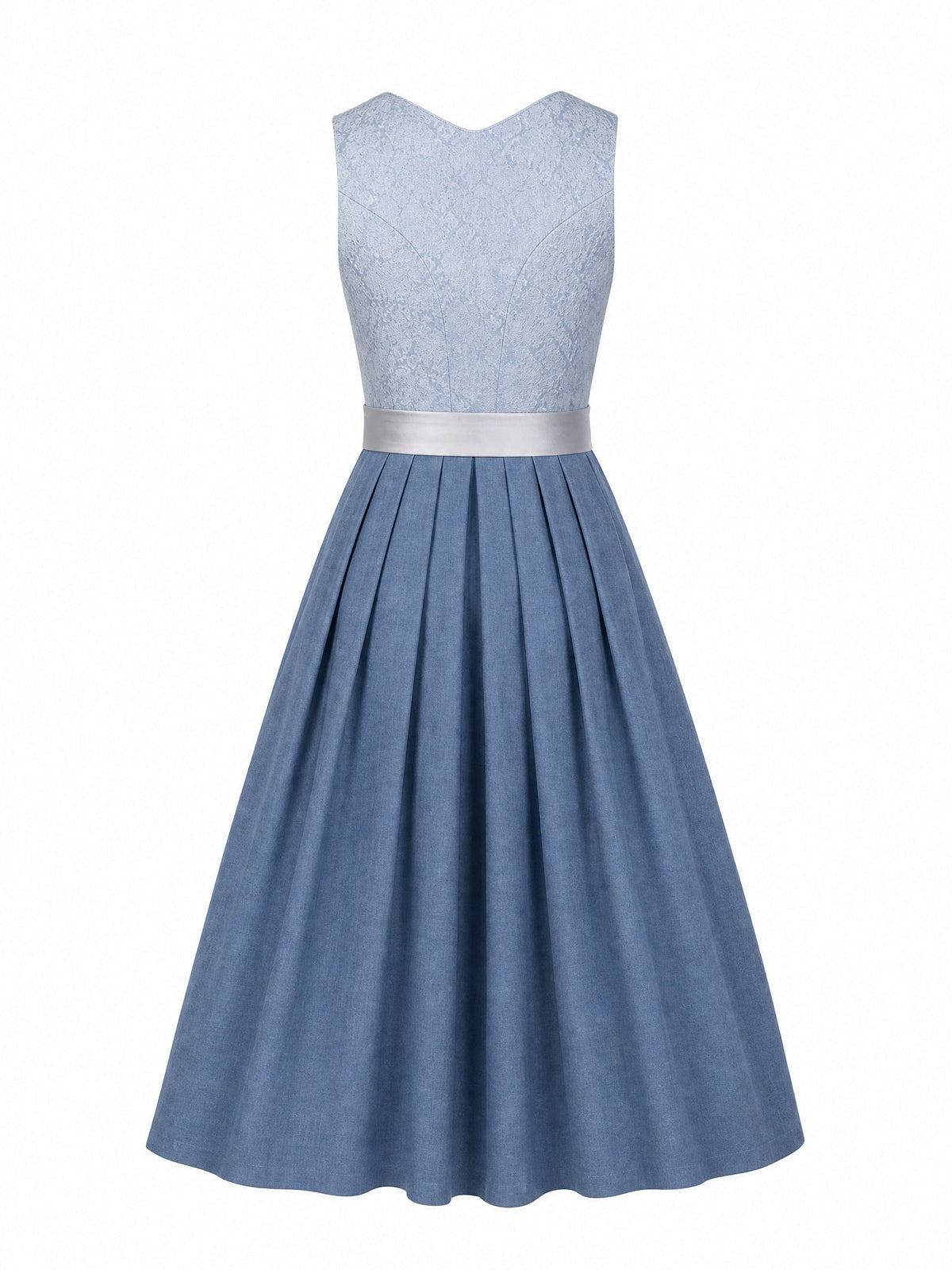 Dirndl Aurelia in Puderblau mit Silber Schürze - Rückansicht