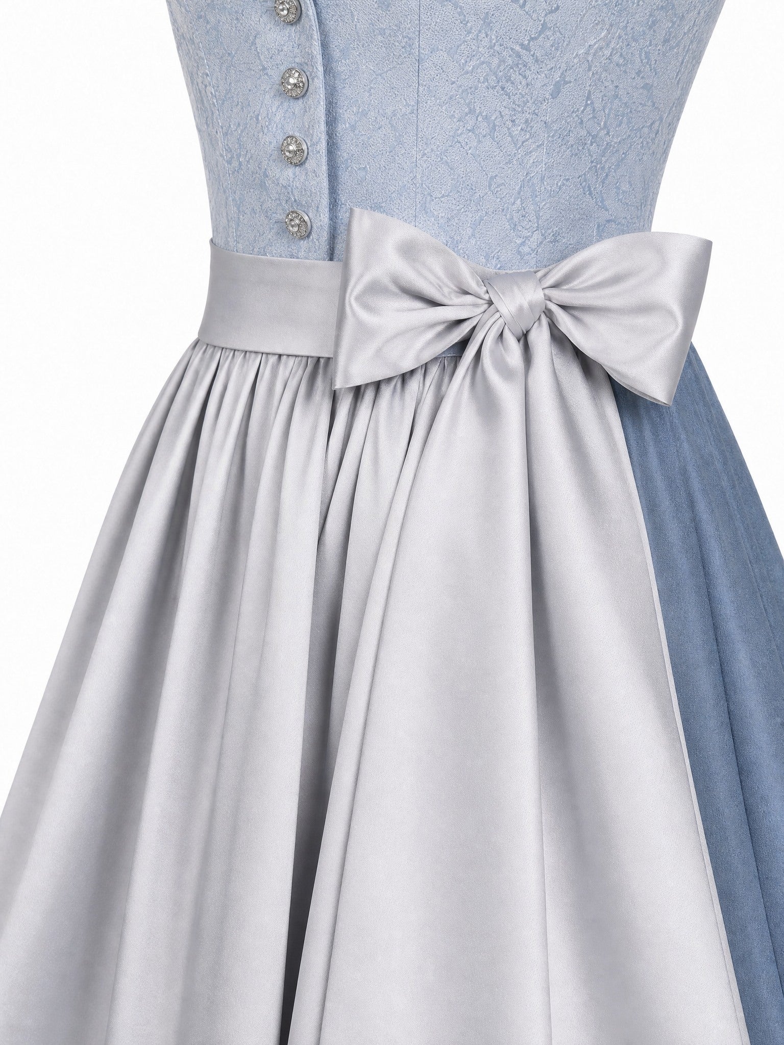 Dirndl Aurelia in Puderblau mit Silber Schürze - Detailansicht Taille und Schleife