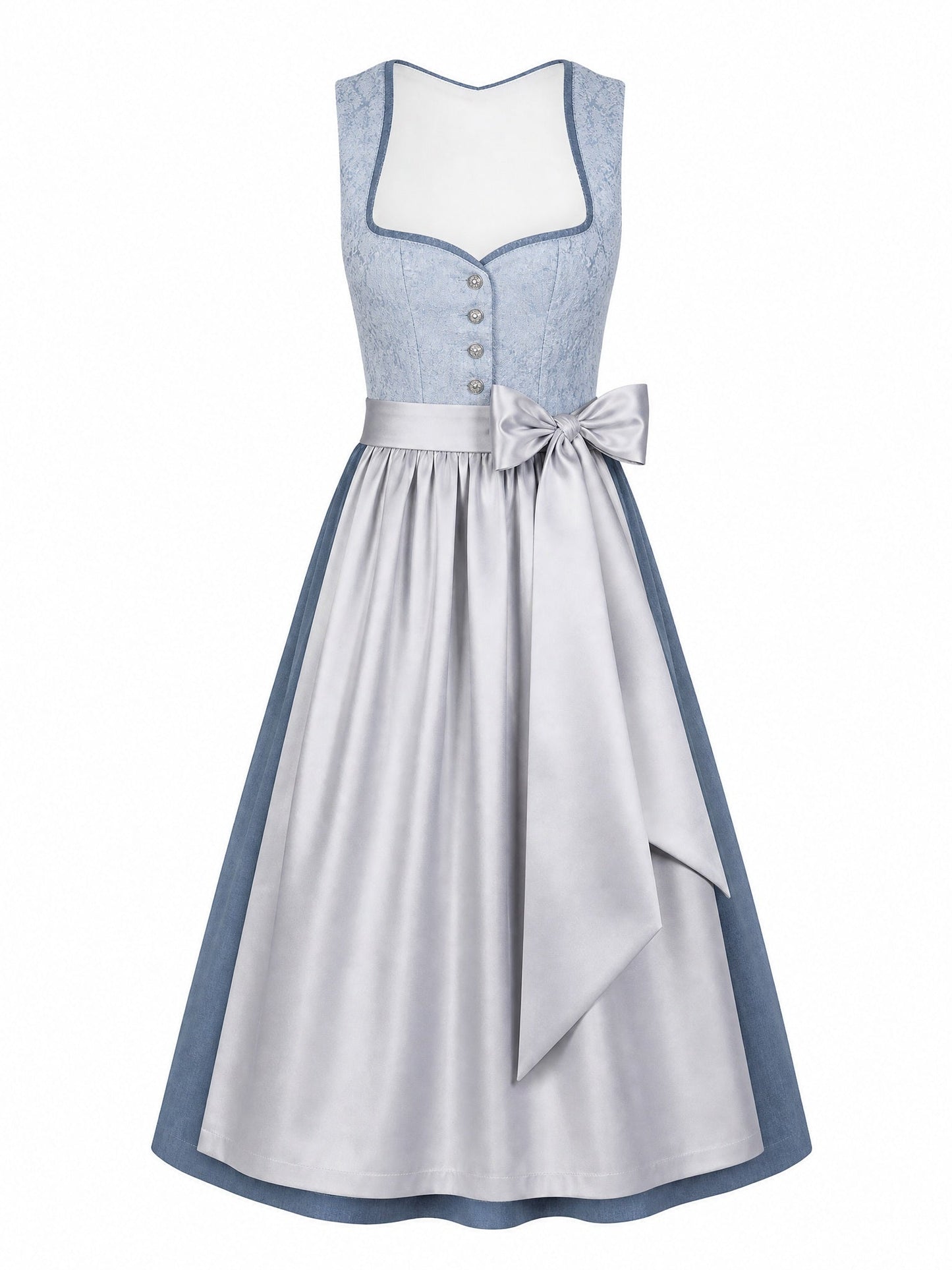Dirndl Aurelia in Puderblau mit Silber Schürze - Vorderansicht