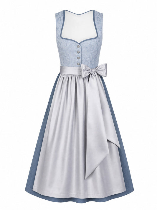 Dirndl Aurelia in Puderblau mit Silber Schürze - Vorderansicht