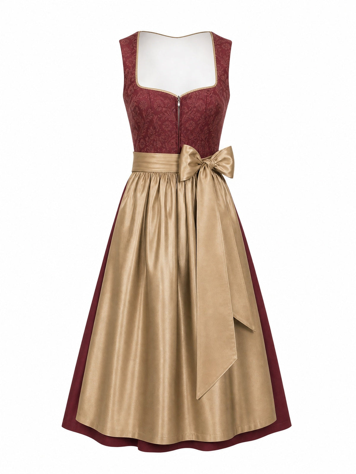Dirndl Lara in Cranberryrot mit Antikgold Schürze - Vorderansicht