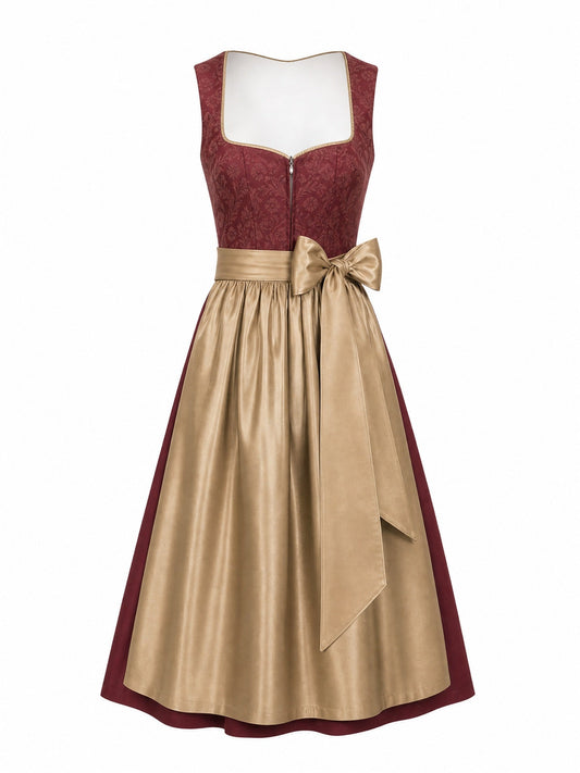 Dirndl Lara in Cranberryrot mit Antikgold Schürze - Vorderansicht